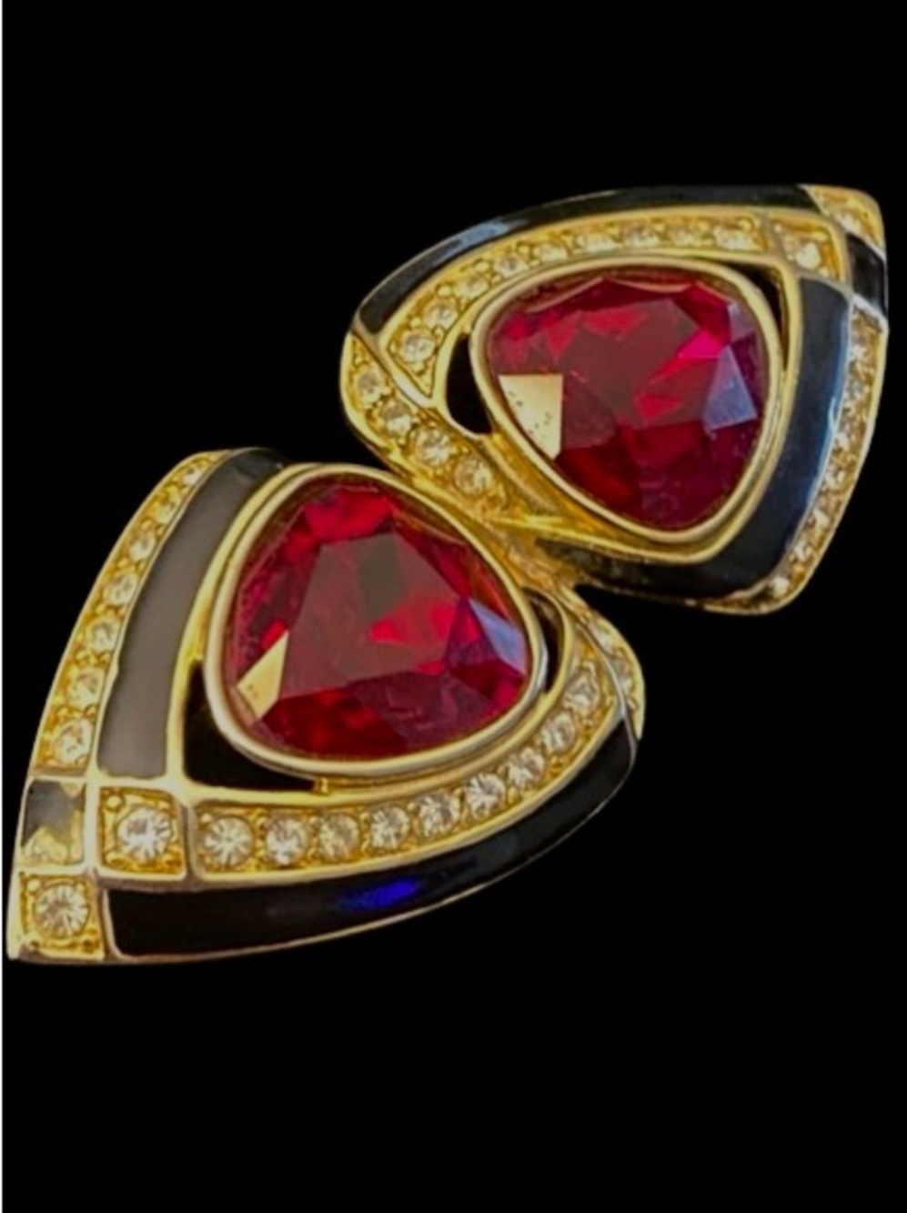 Vintage CRAFT Gold Metal Black Enamel Red Faceted & Crystal Rhinestones Brooch